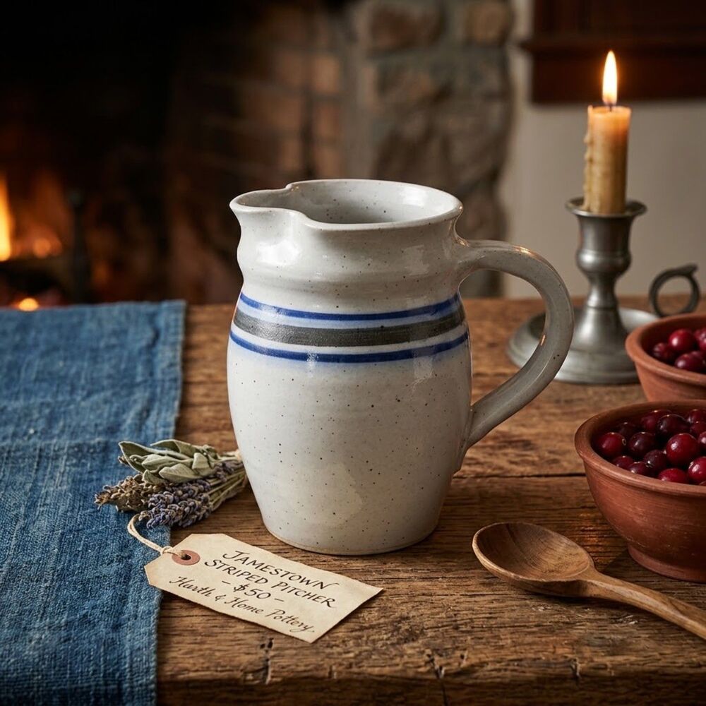 Jamestown VA Colonial Blue‑Band Pottery Pitcher – Heavy Heritage Farmhouse Jug
